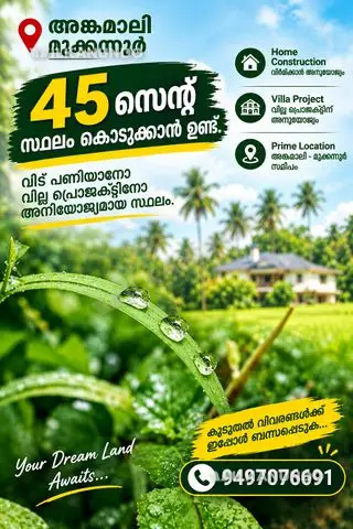 അങ്കമാലി മൂക്കന്നൂർ 45സെൻറ് സ്ഥലം കൊടുക്കാൻ ഉണ്ട്