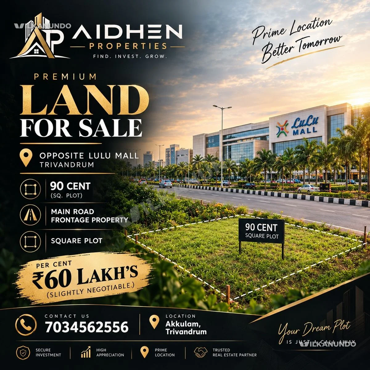 90 cent main road frontage property opposite lulu mall Trivandrum