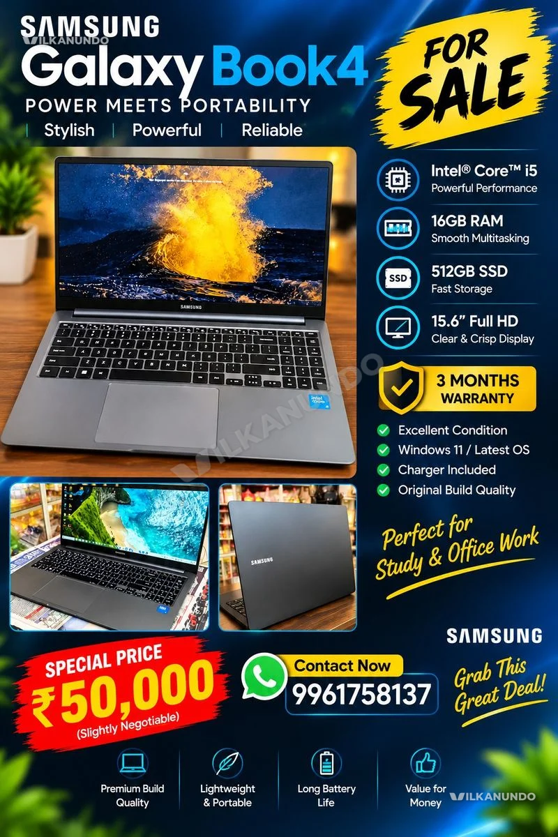 Samsung Book4 laptop for sale, i5 processor, 16GB RAM, 512GB SSD, fingerprint lock, Dolby audio. 3 months warranty
