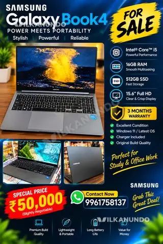 Samsung Book4 laptop for sale, i5 processor, 16GB RAM, 512GB SSD, fingerprint lock, Dolby audio. 3 months warranty